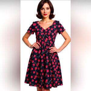 🍒 Roosey Cherry Print Vintage Inspired Fit & Flare 👗 Pin Up, Retro, Feminine S 🍒